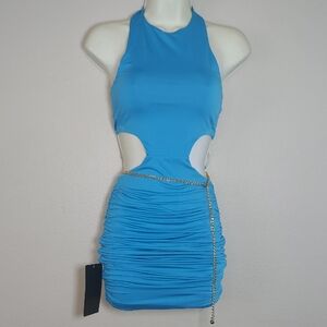 Bebe Blue Cut Out Ruched Bodycon Dress